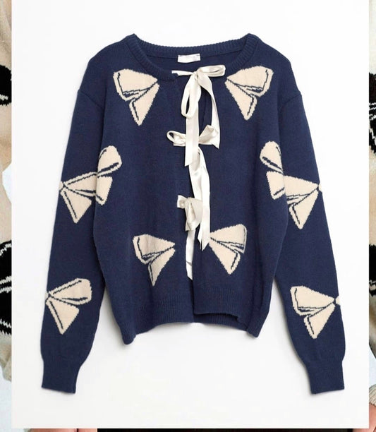 Navy Blue Bow Cardigan With Front Ties