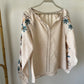 Floral Embroidered Linen Beige Blouse