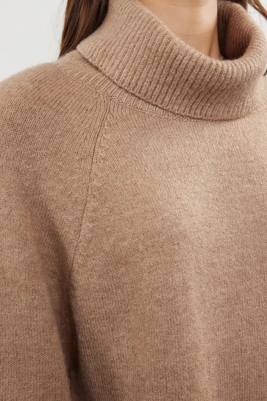 High Neck Camel Pullover With Bell Sleeves