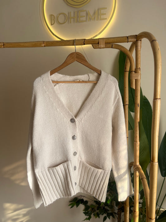 Cream Long Cardigan With Rhinestone Buttons