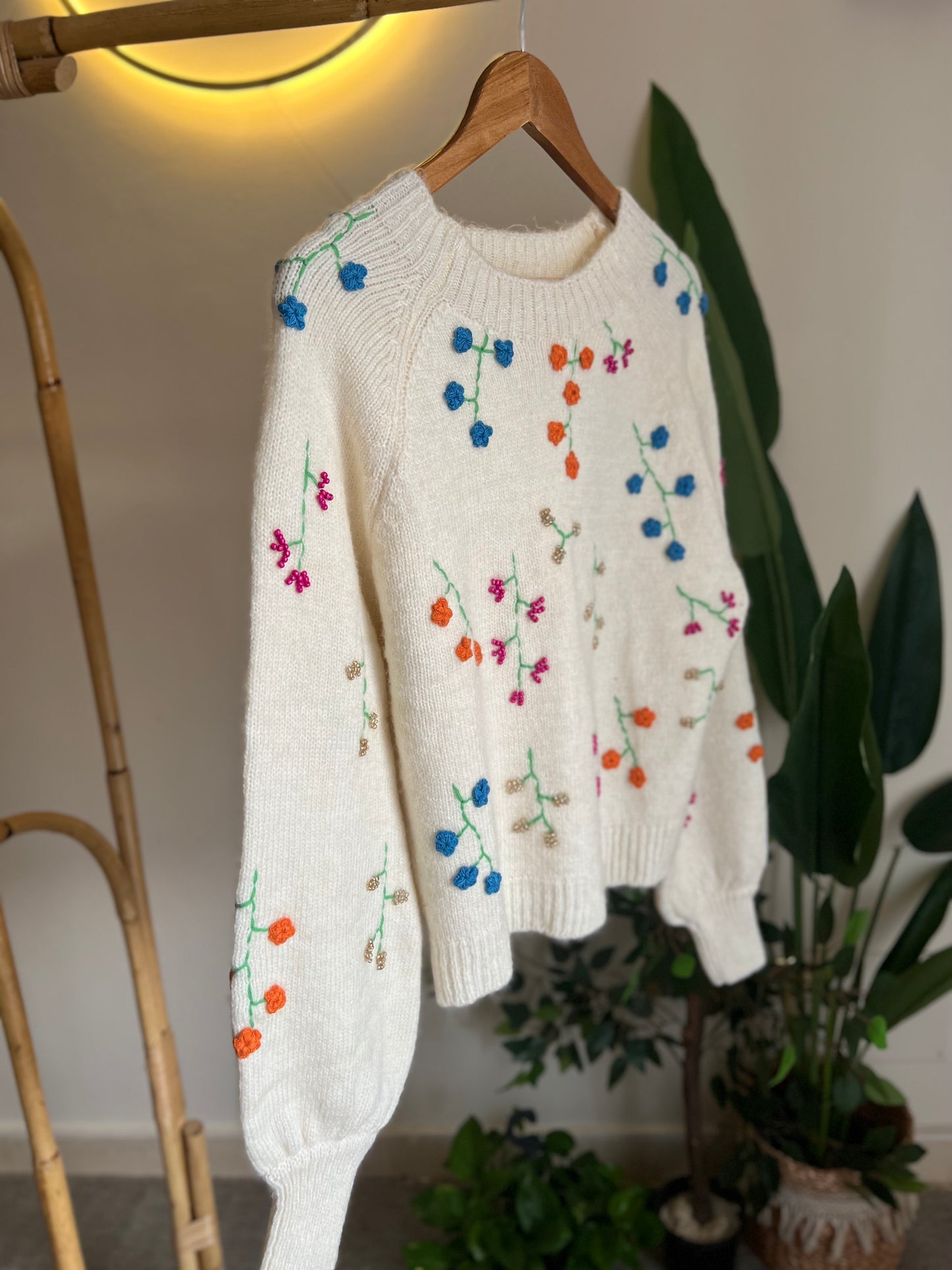 Cream Embroidered Floral Pullover