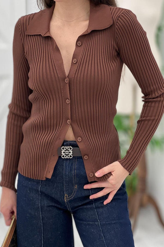 Brown Buttons Ribbed Basic Cardigan