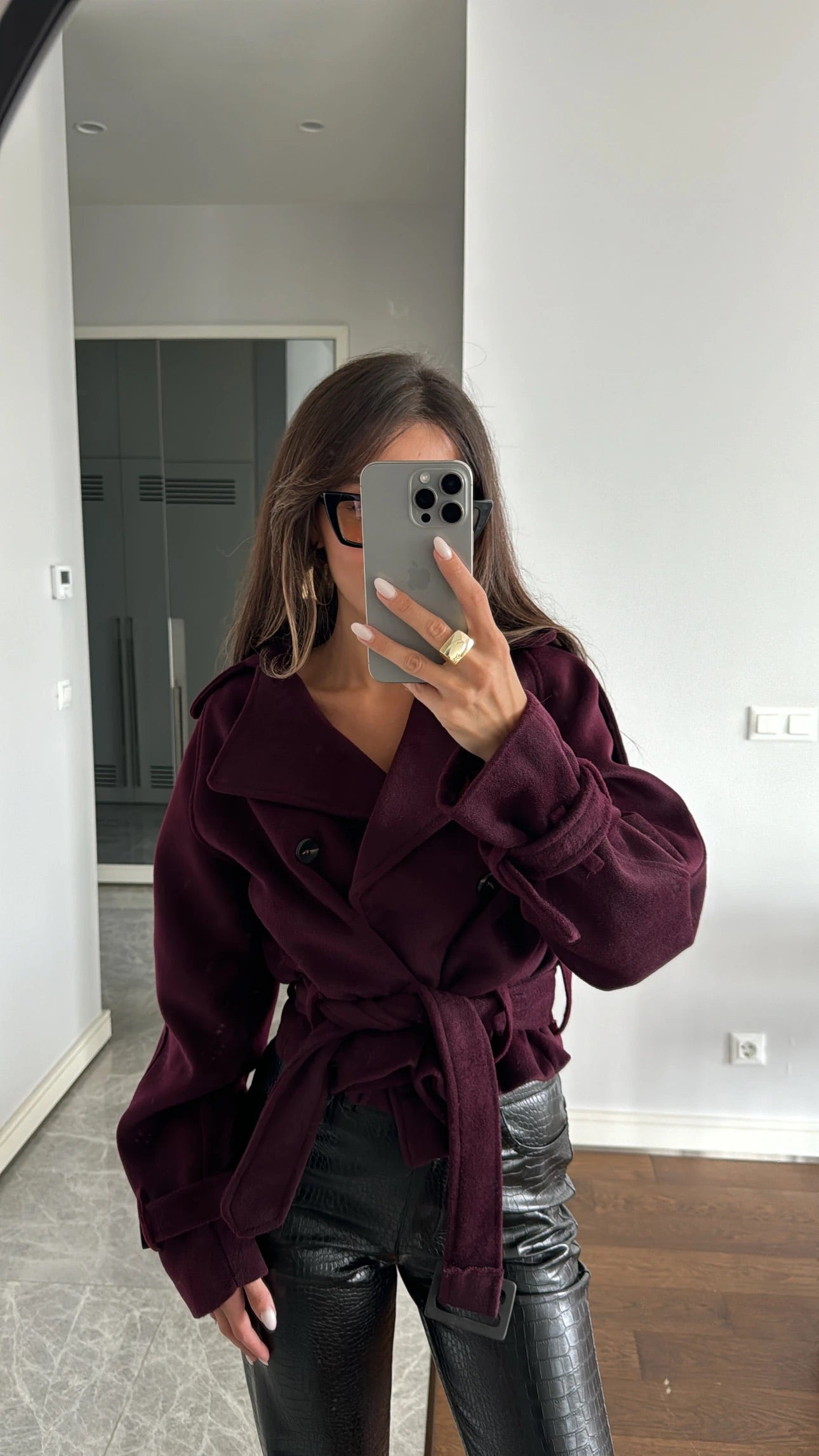 Burgundy Wool Belted Coat