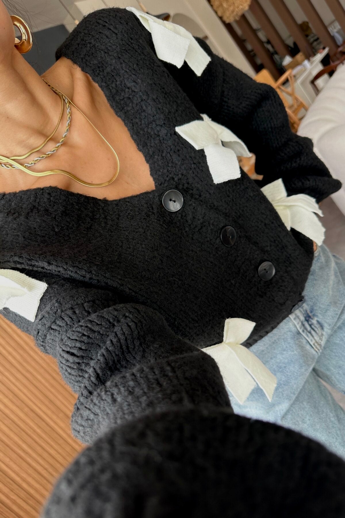 Black Cardigan With Bow Details