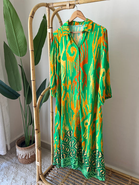 Orange X Green Painting Shirt Dress With Pockets