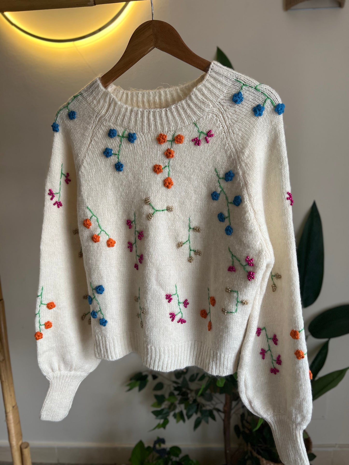 Cream Embroidered Floral Pullover