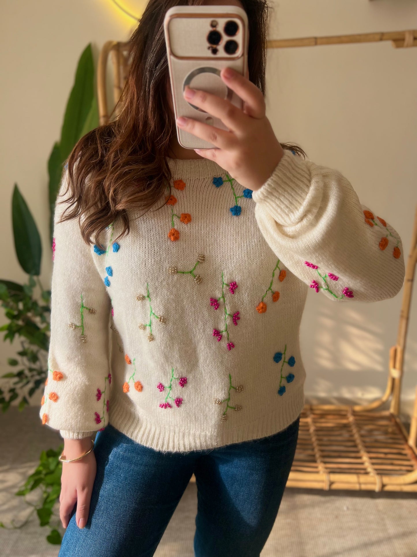 Cream Embroidered Floral Pullover