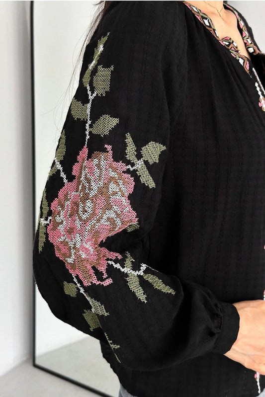 Tasseled Black Embroidered Cardigan