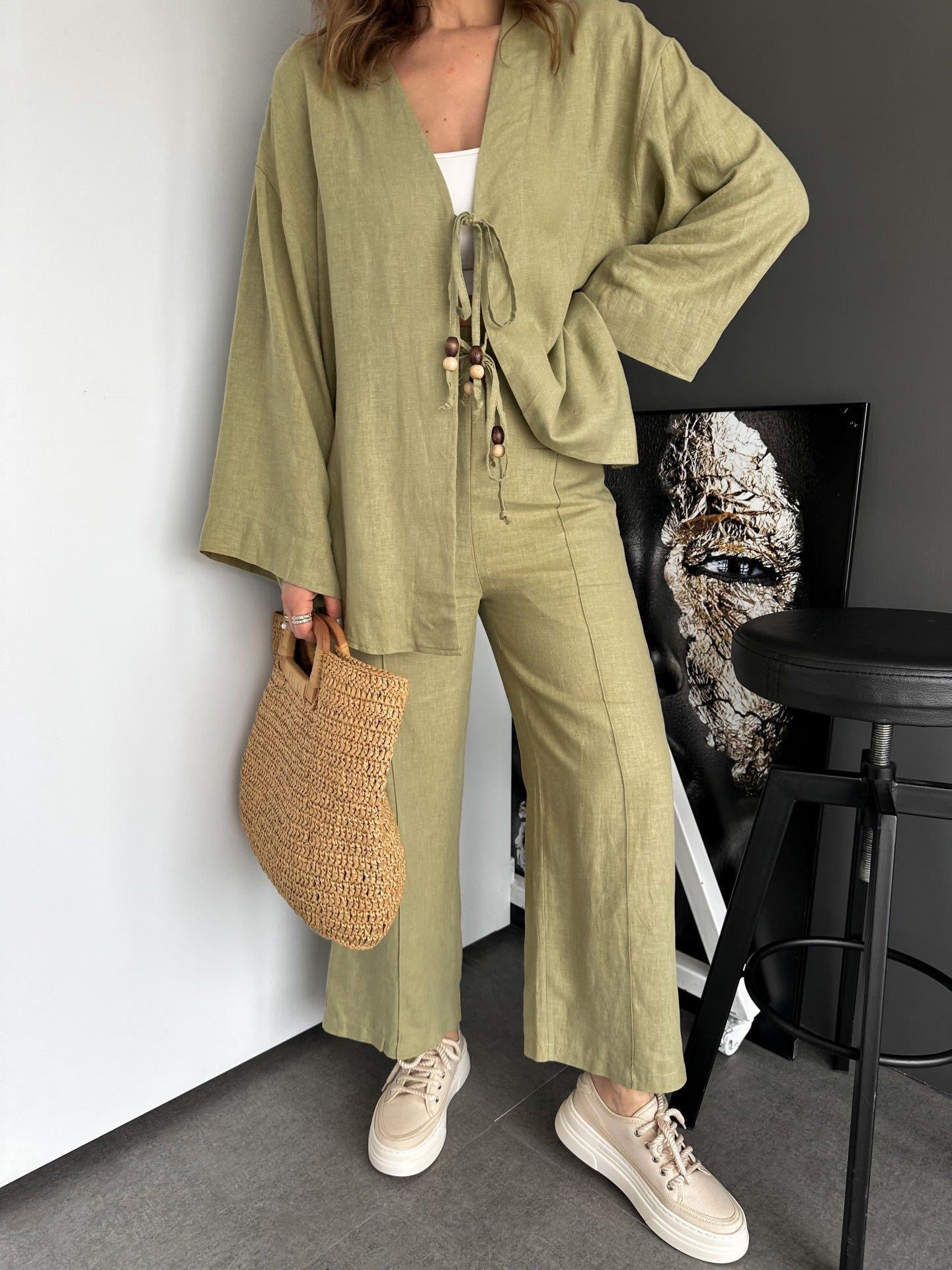 Linen Olive Boho Kimono Tasseled Set