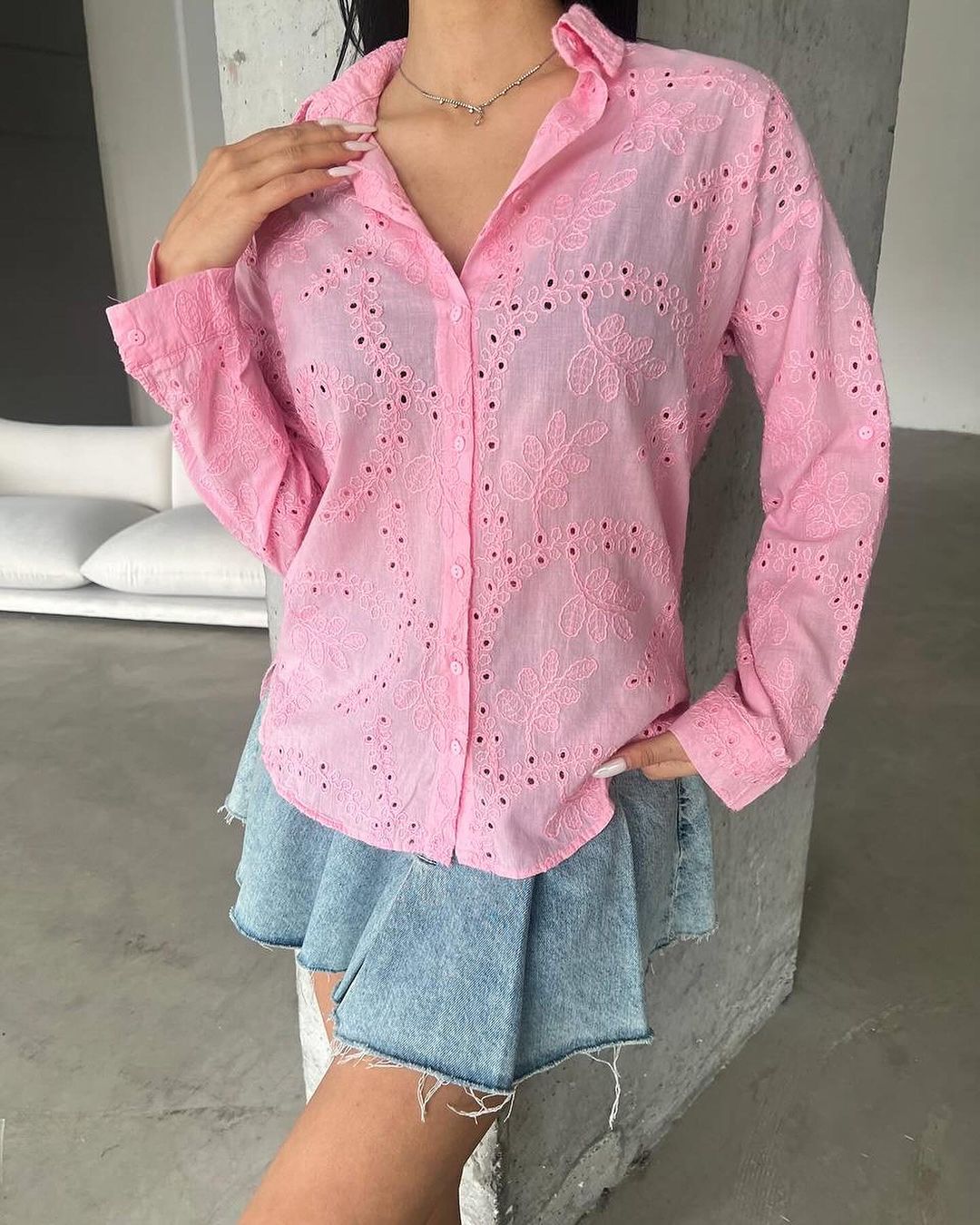 Embroidered Cut Out Pink Regular Fit Shirt