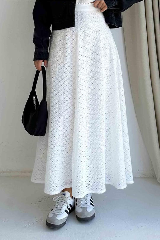 White Embroidered Cut Out Skirt