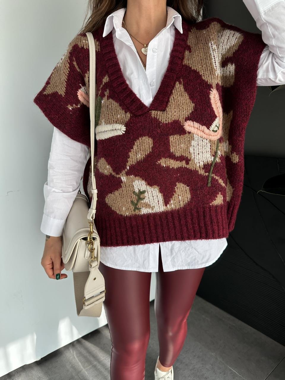 Embroidered Burgundy Multicolored Triko Vest