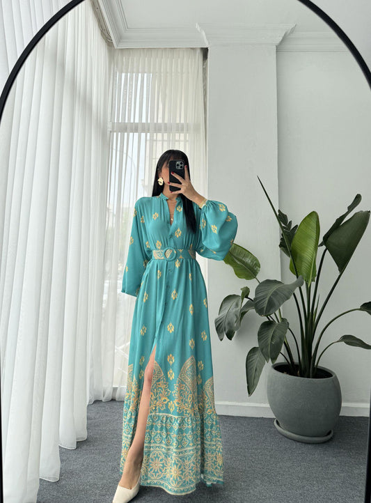 Turquoise X Golden Pattern Belted Dress