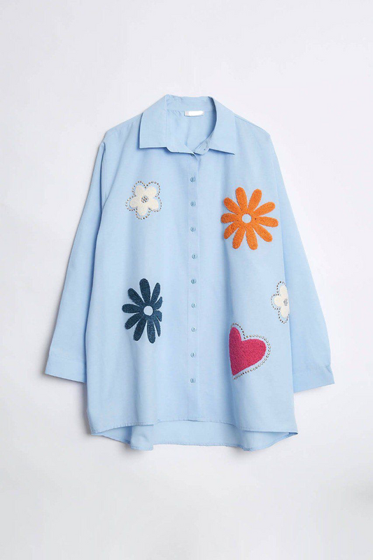 Blue Handmade Embroidery Heart Shirt