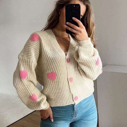 Beige X Pink Hearts Triko Cardigan