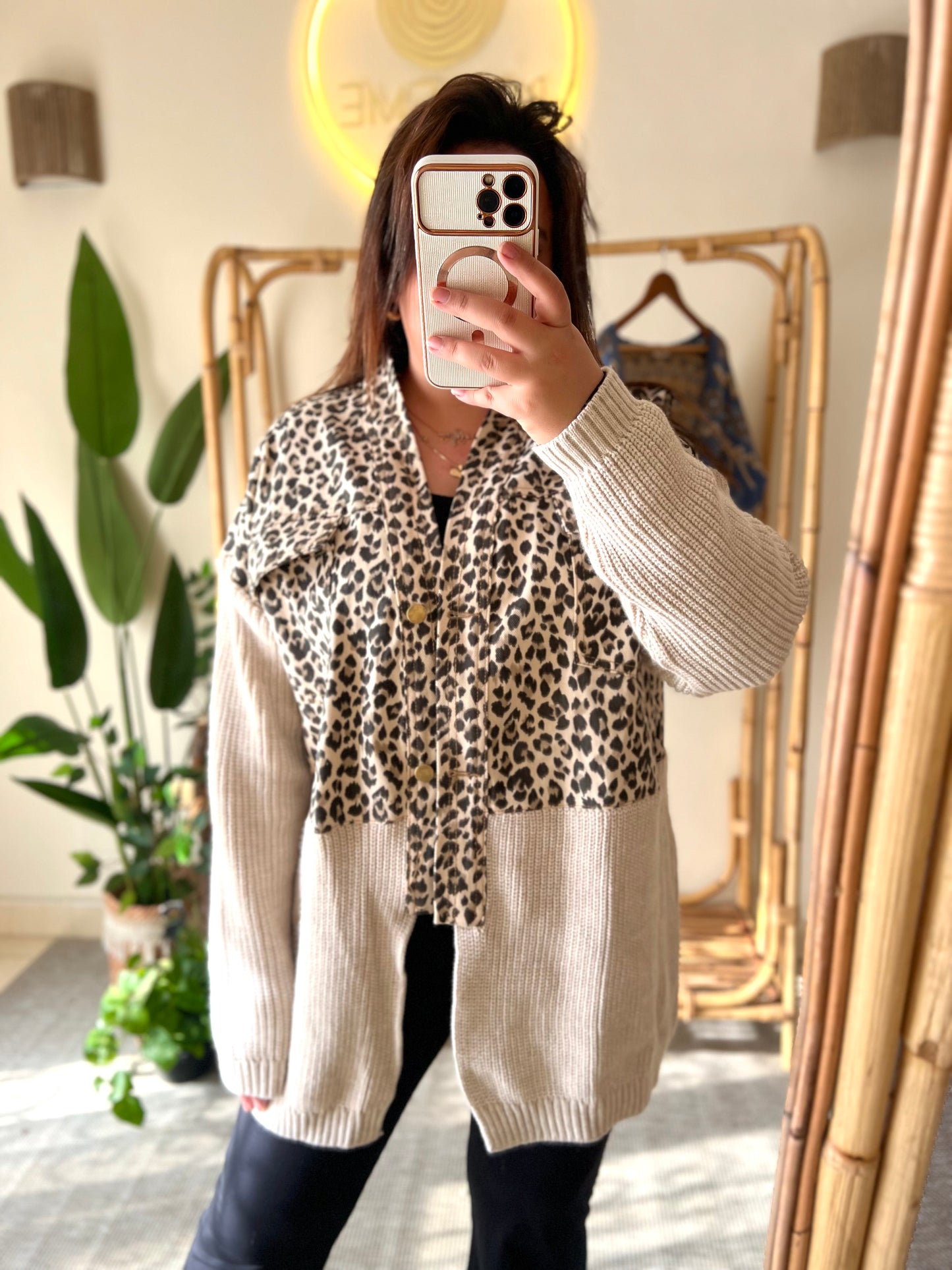 Denim X Triko Beige Leopard Jacket With Pockets