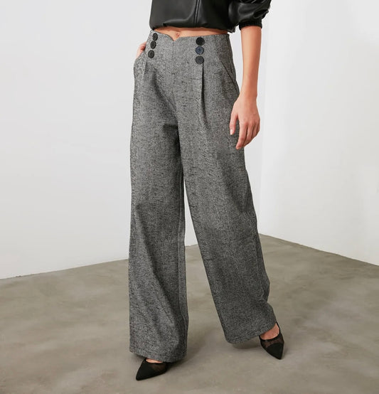 Grey Wide Leg Pants With Buttons Detail