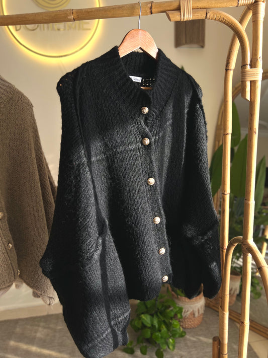 Italian Black Triko Cardigan With Golden Buttons