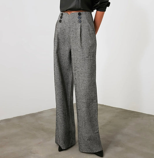 Grey Wide Leg Pants With Buttons Detail