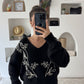 Black Embroidered V Neck Pullover