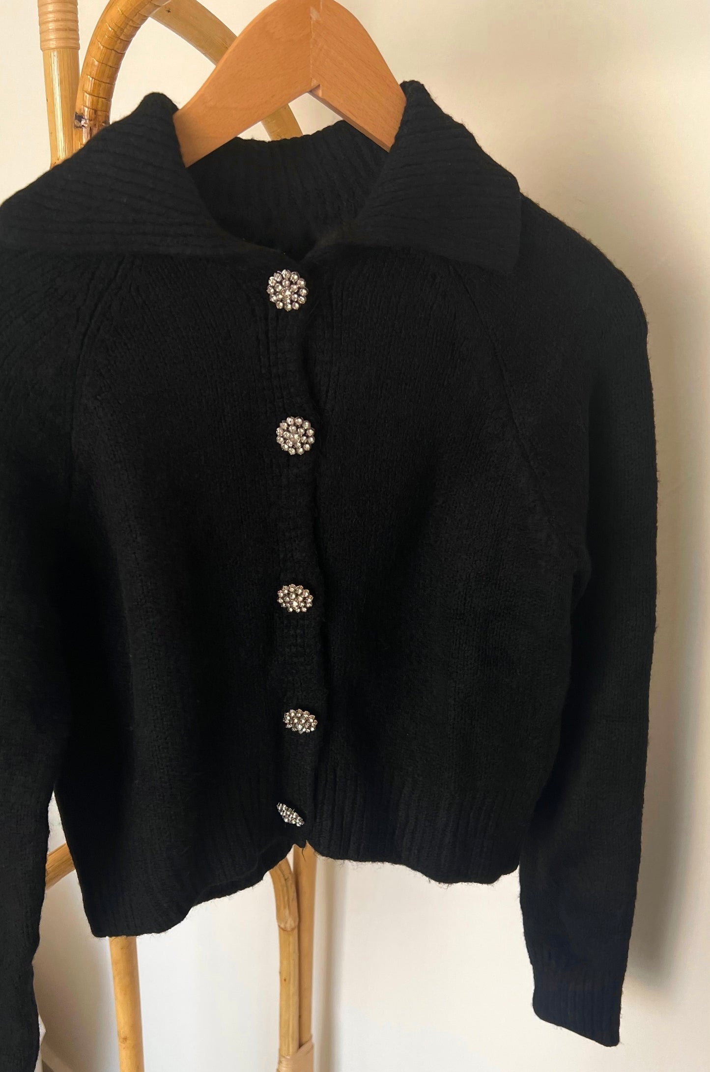 Black Polo Collar Cardigan With Rhinestone Buttons