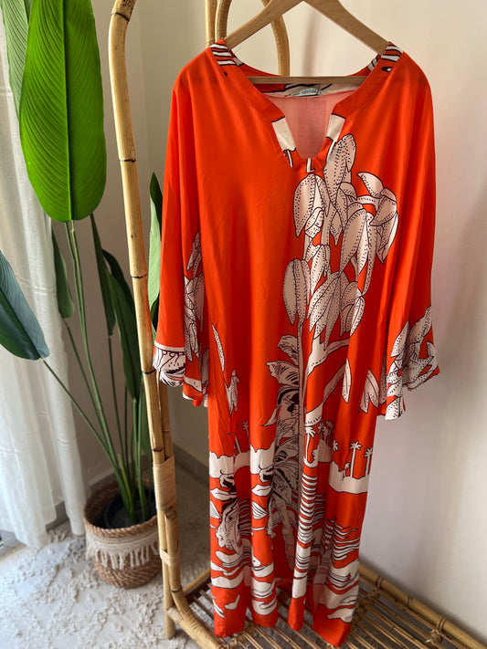 Orange Butterfly Sleeves Dress With Side Slits