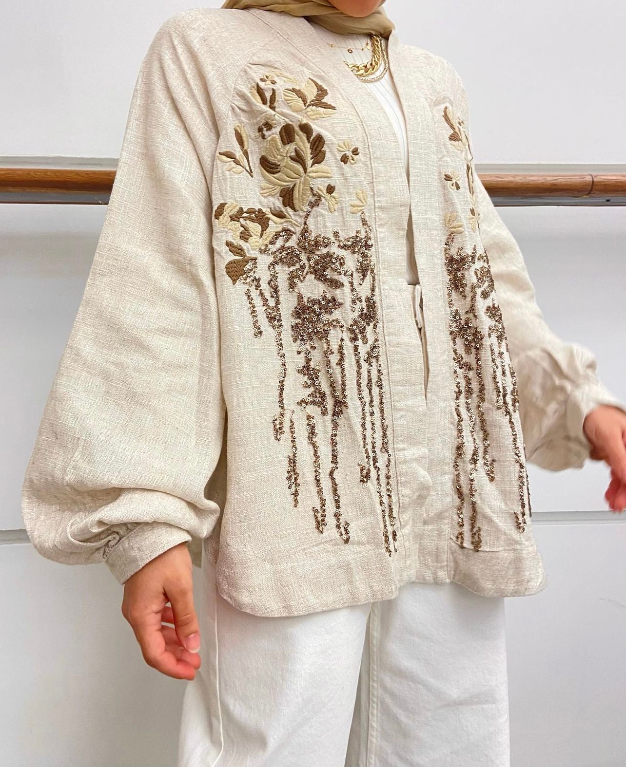 Embroidered Brown X Beige Linen Kimono