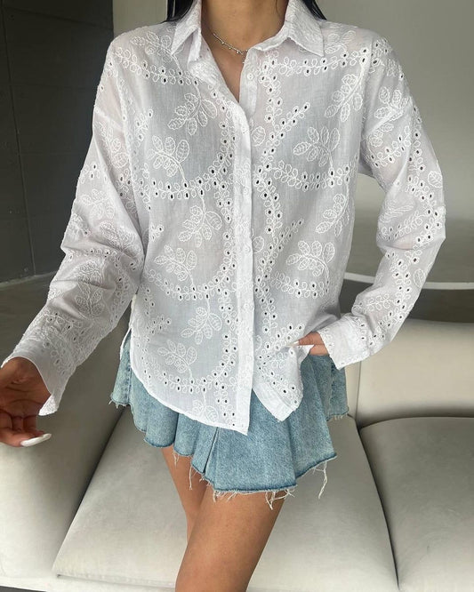 Embroidered Cut Out White Regular Fit Shirt