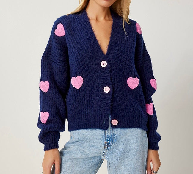 Navy X Pink Hearts Triko Cardigan