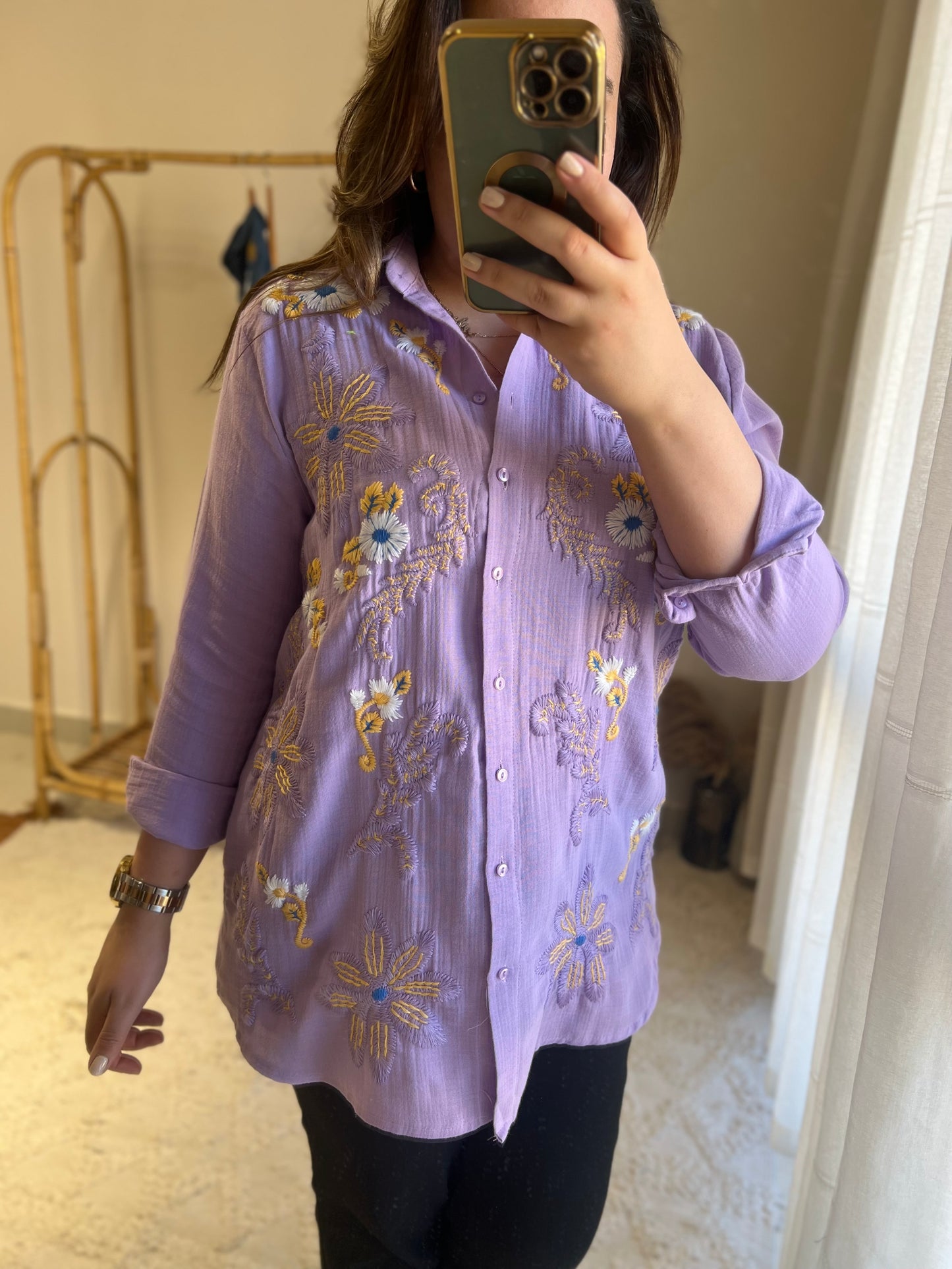 Purple Linen Embroidered Floral Shirt