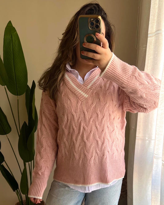 Pink Striped V Neck Pullover