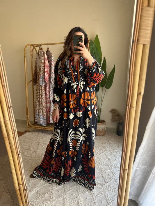 Black & Orange Hawaiian Pattern Dress