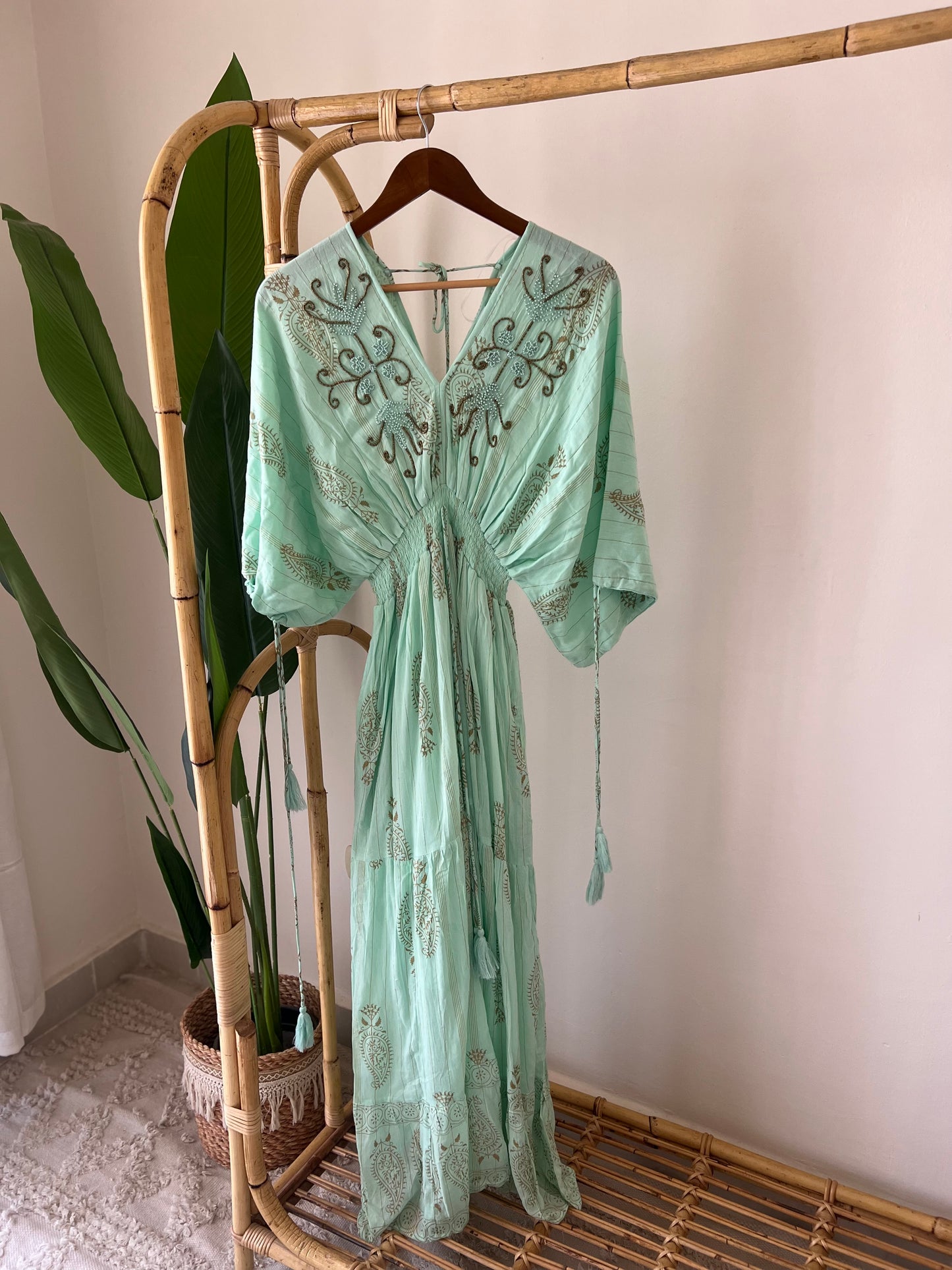 Italian Turquoise Embroidered Dress With Pockets