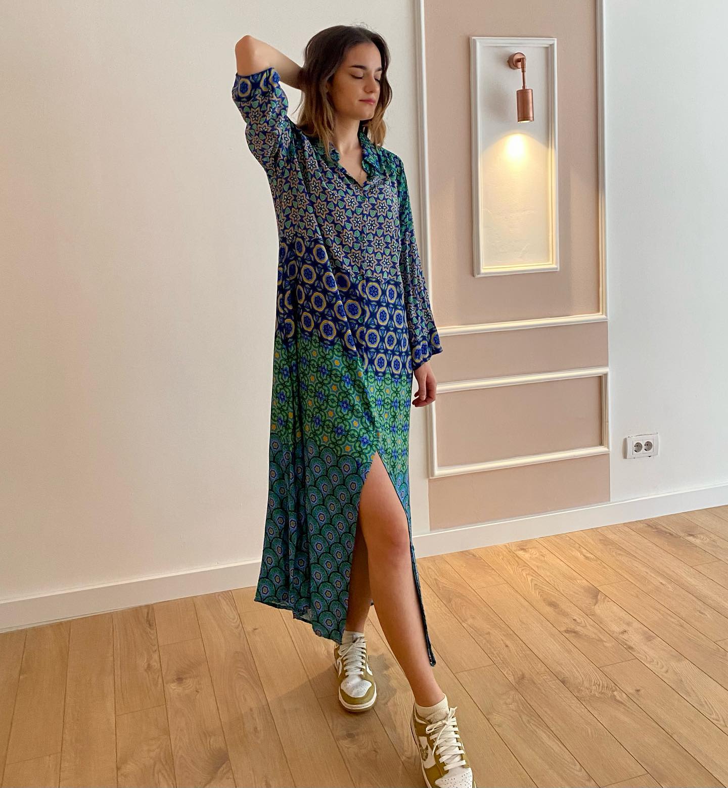 Turquoise Bohemian Shirt Dress With Pockets