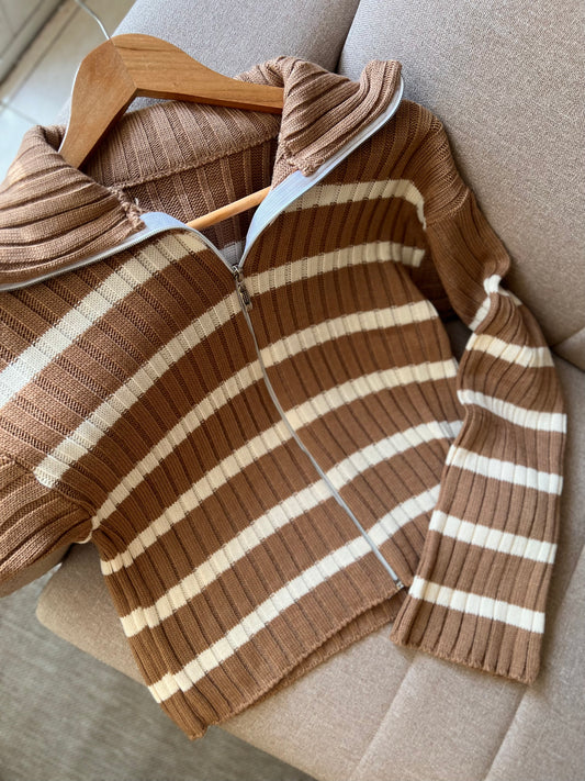 Camel & White Striped Zipper Triko Jacket