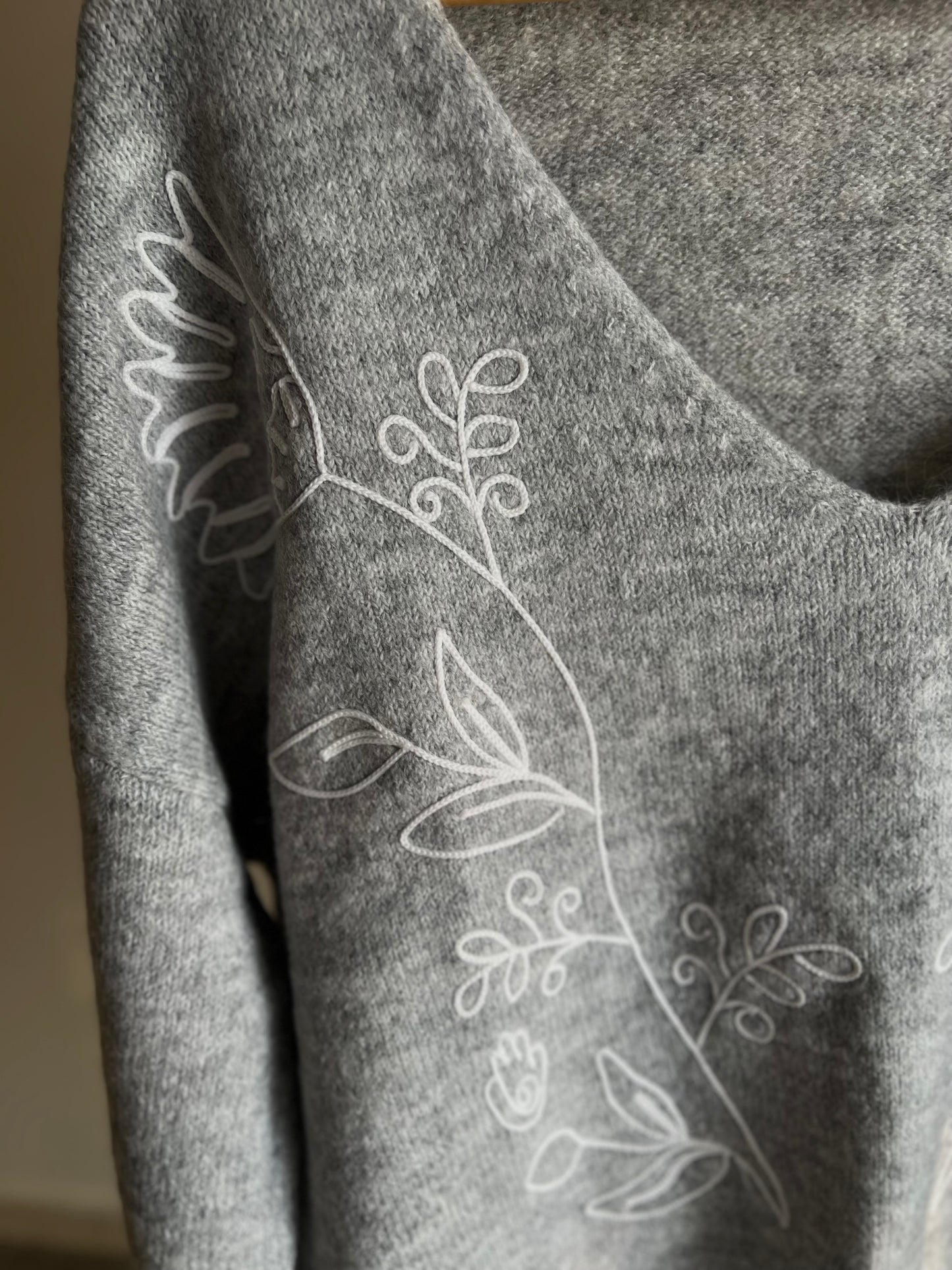 Grey Embroidered V Neck Pullover