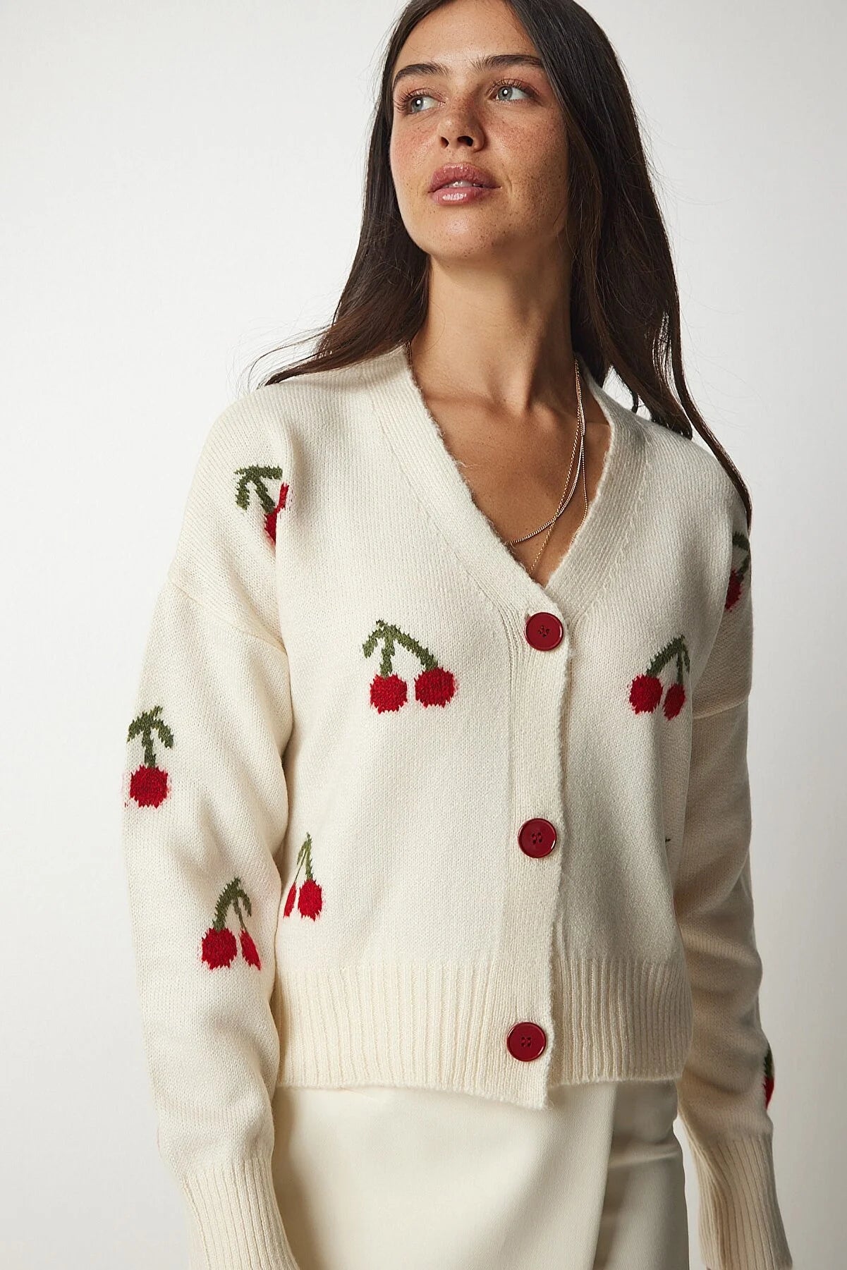 White Cherry Cardigan With Red Buttons