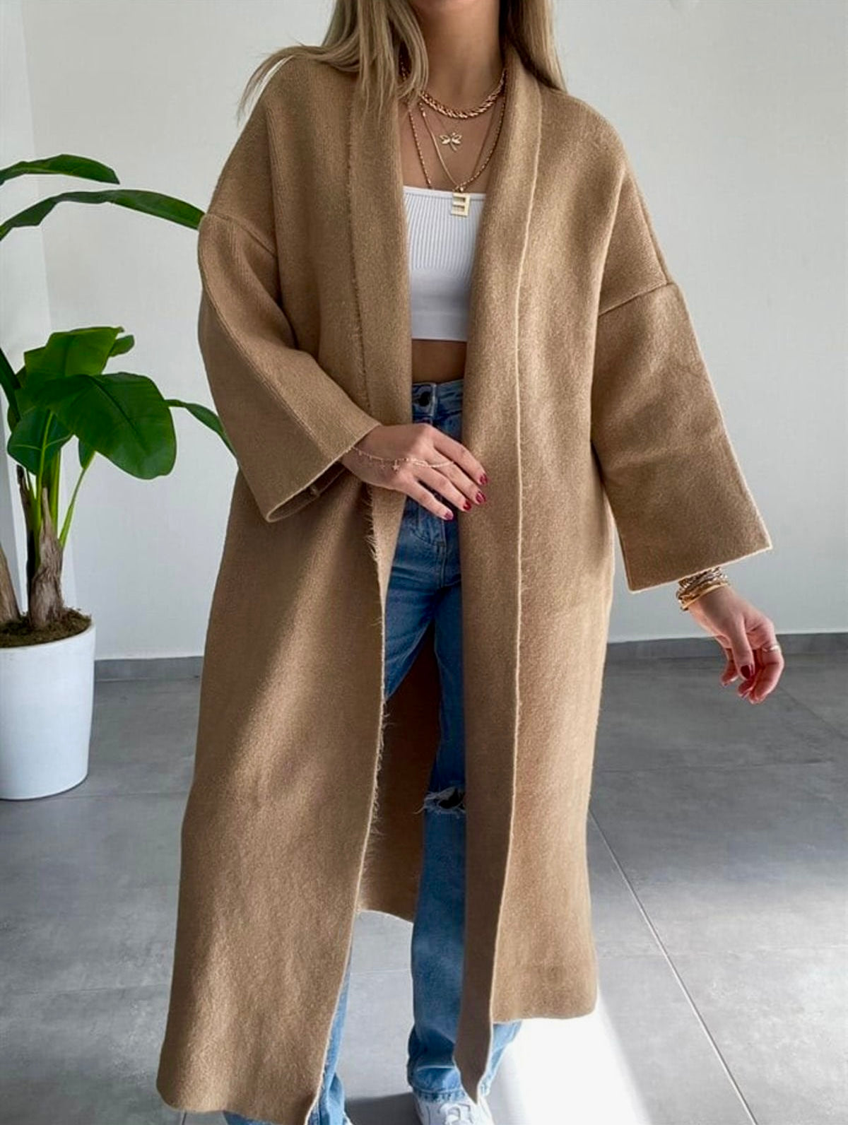 Camel Heavy Longline Coat Cardigan