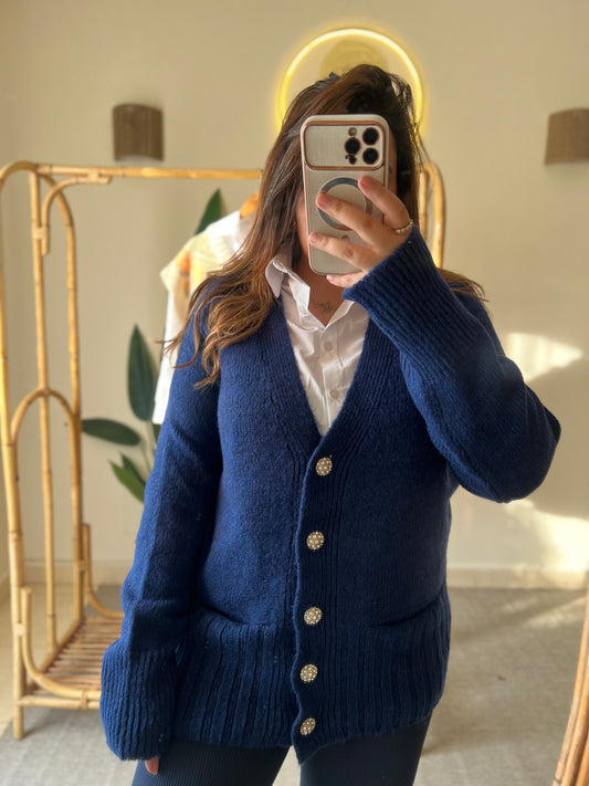 Navy Long Cardigan With Rhinestone Buttons