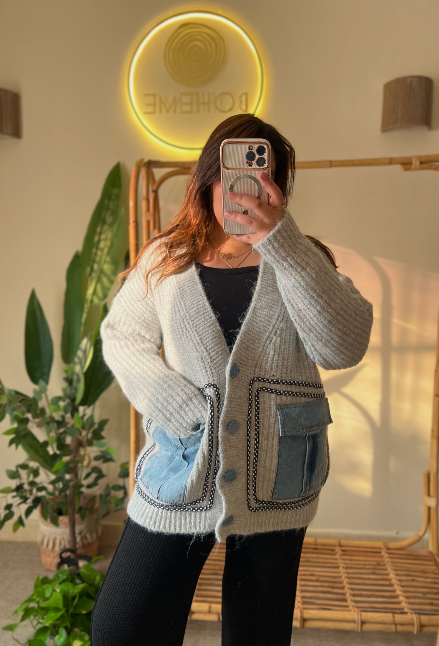 Grey Triko X Denim Cardigan With Pockets