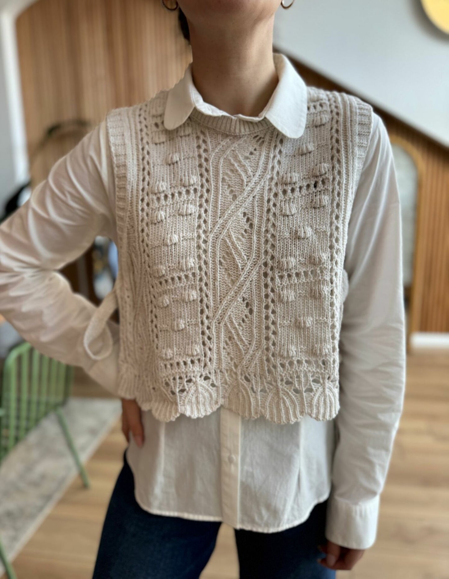 Crochet Off White Vest With Ties
