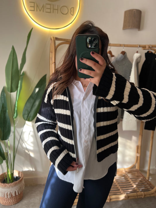 Black & White Striped Zipper Triko Jacket