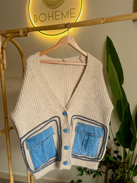 Beige Triko X Denim Cardigan With Pockets