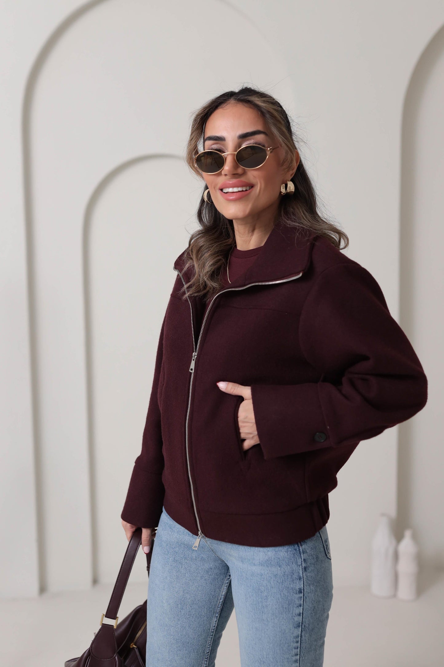 Burgundy Zip Up Wool Jacket