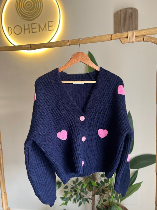 Navy X Pink Hearts Triko Cardigan