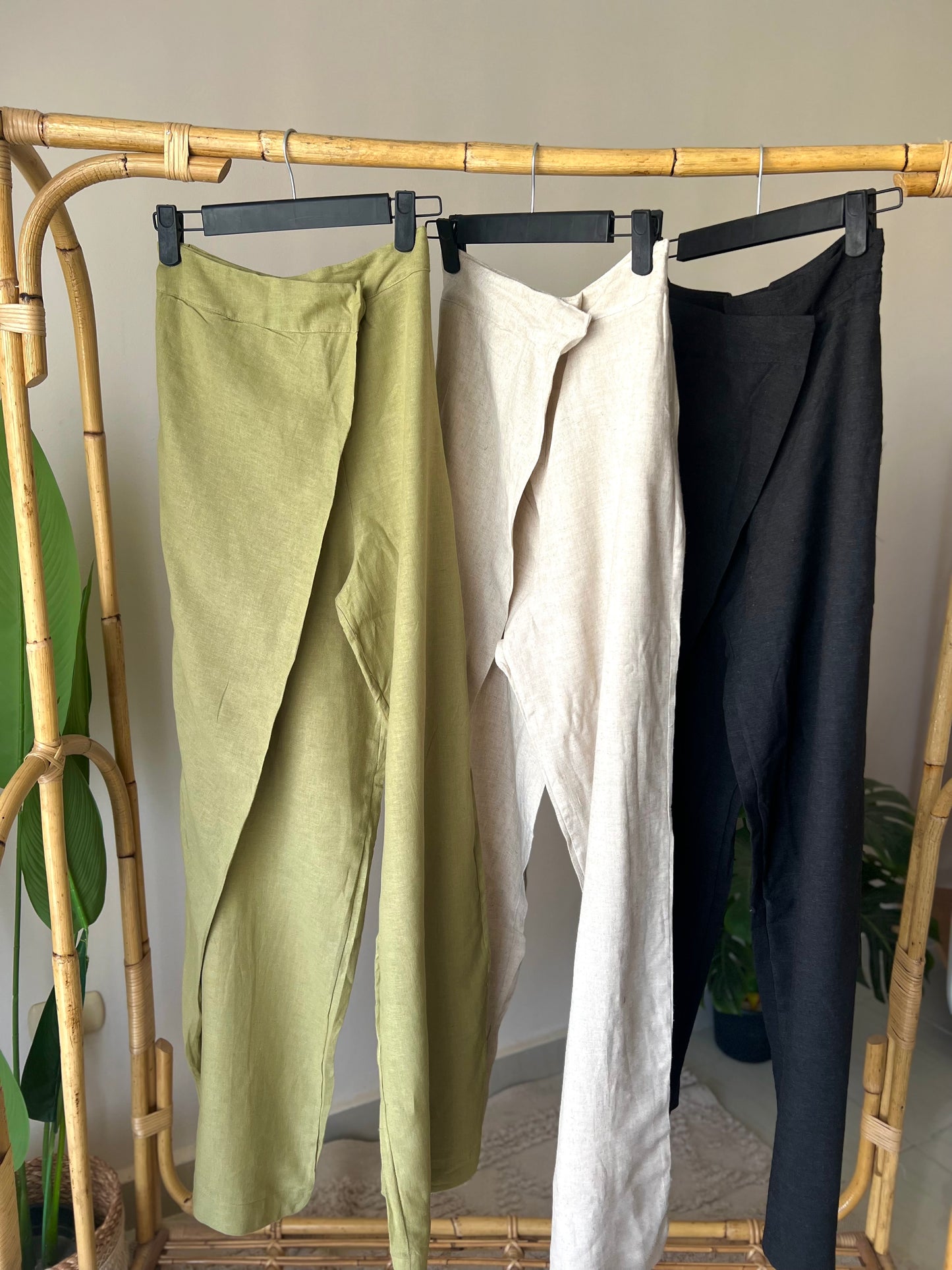 Olive Linen Wrapped Wide Leg Pants