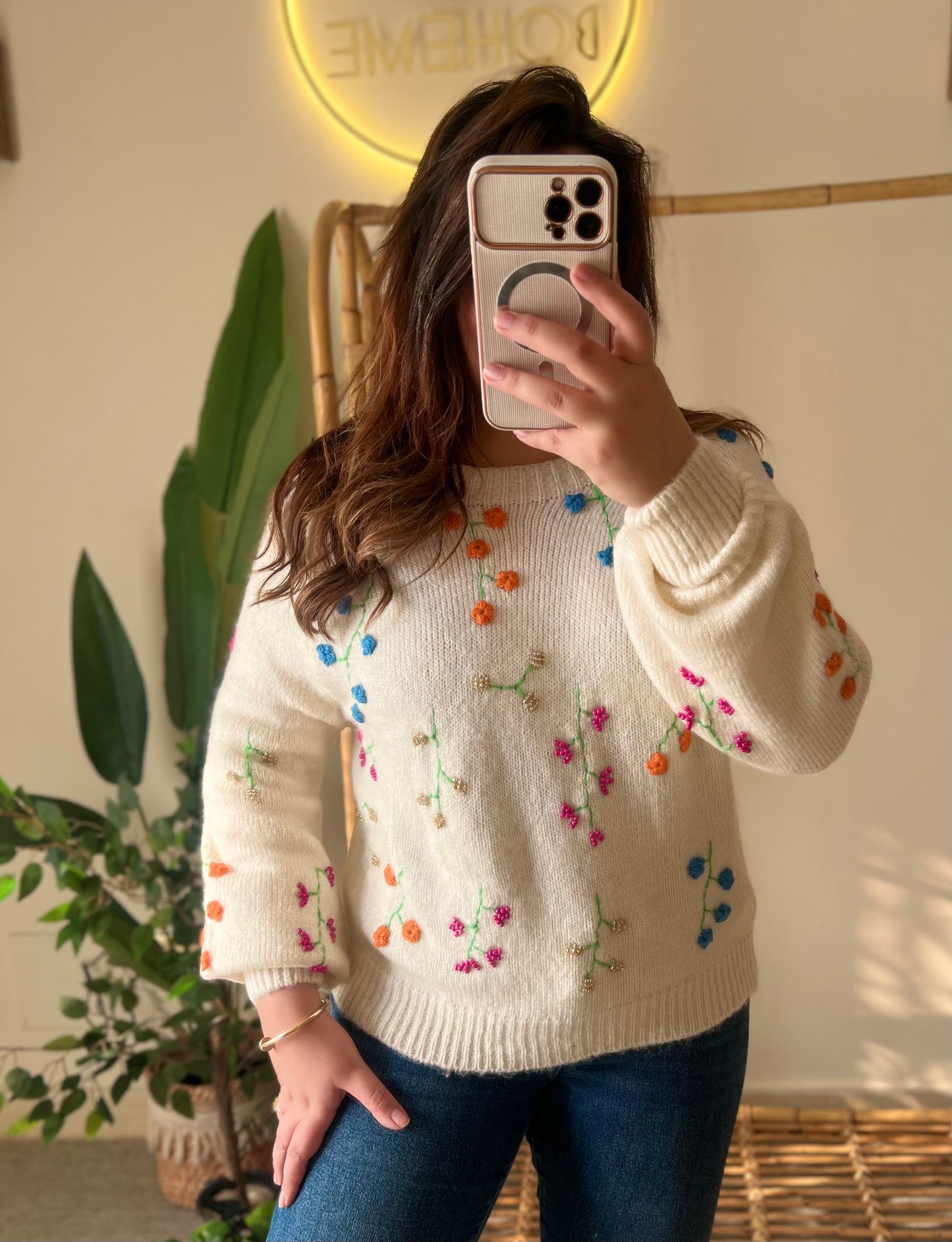 Cream Embroidered Floral Pullover