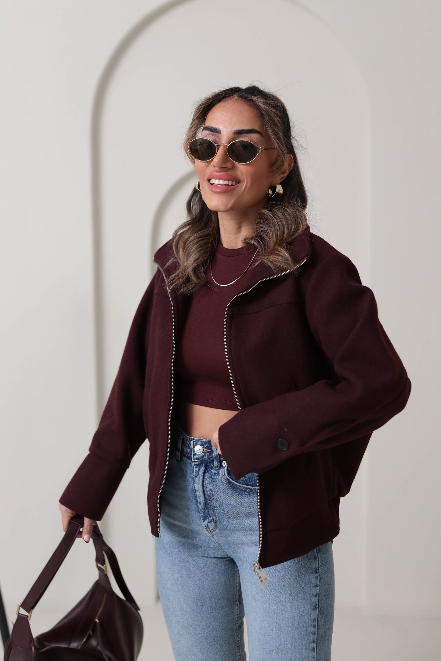 Burgundy Zip Up Wool Jacket