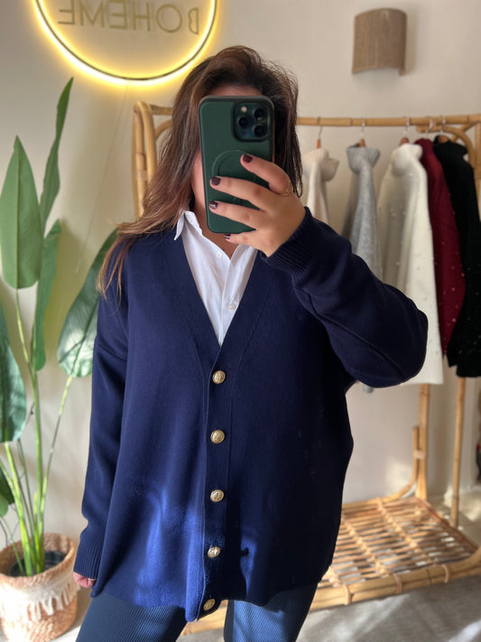 Navy Oversized Cardigan With Golden Buttons