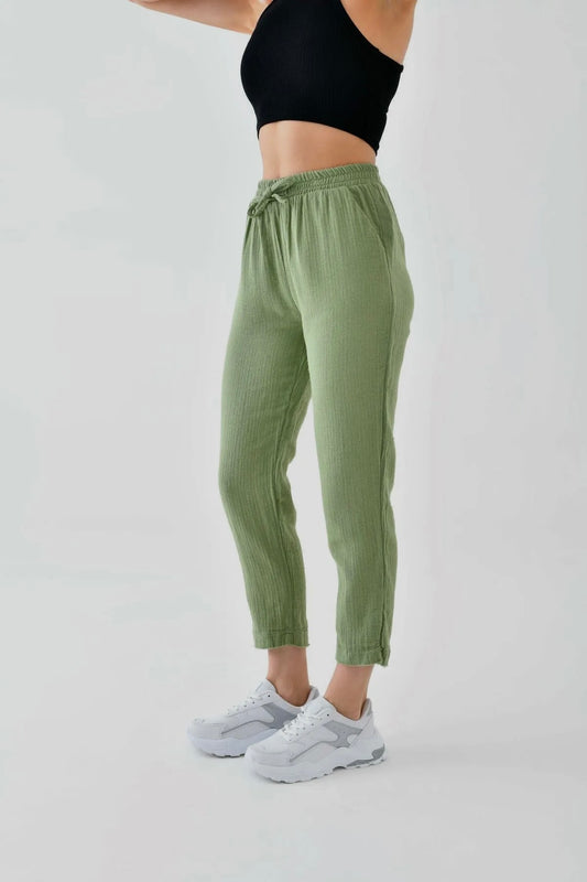 Cotton Carrot Pants With Elastic Waist